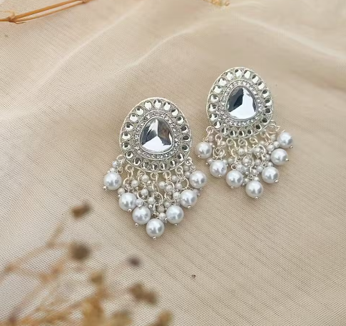 Silver Crystal Chandbali Earrings