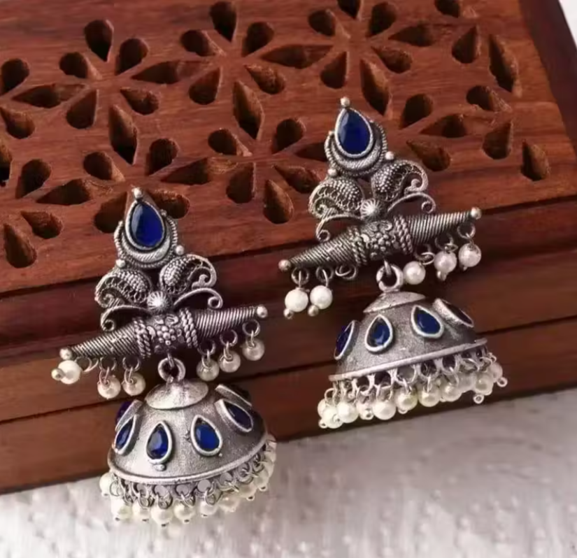 Oxidised Silver Blue Jhumka Earrings