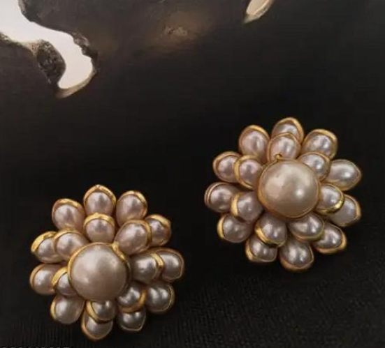 Gold Pearl Flower Stud Earrings