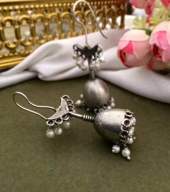 Oxidised Pearl Drop Jhumka Earrings