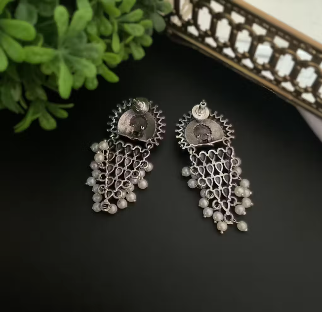 Oxidise Temple Earrings Pearl Drops