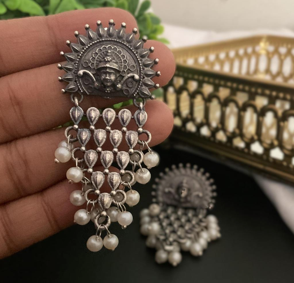 Oxidise Temple Earrings Pearl Drops