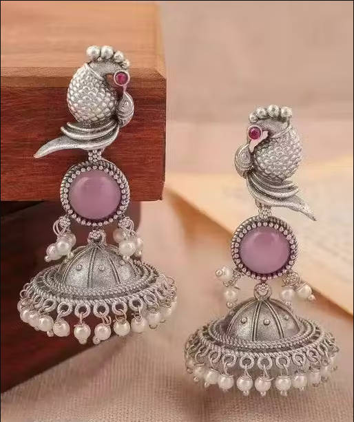 Oxidized Silver Peacock Jhumkas