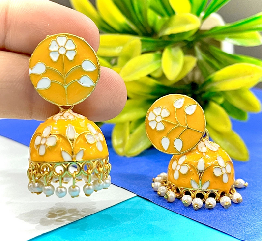 Yellow Enamel White Floral Earrings