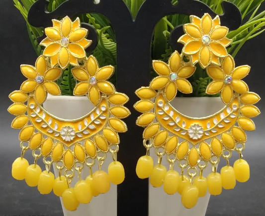 Yellow Enamel Chandbali Earrings