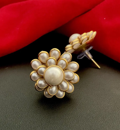 Gold Pearl Flower Stud Earrings
