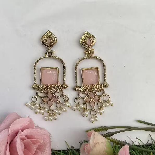 Pink Stone Chandbali Earrings