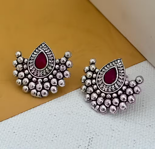 Oxidised Red Stone Stud Earrings