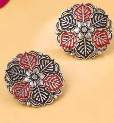 Red & Black Floral Stud Earrings
