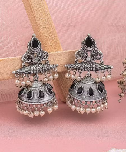 Oxidised Black Stone Jhumka Earrings