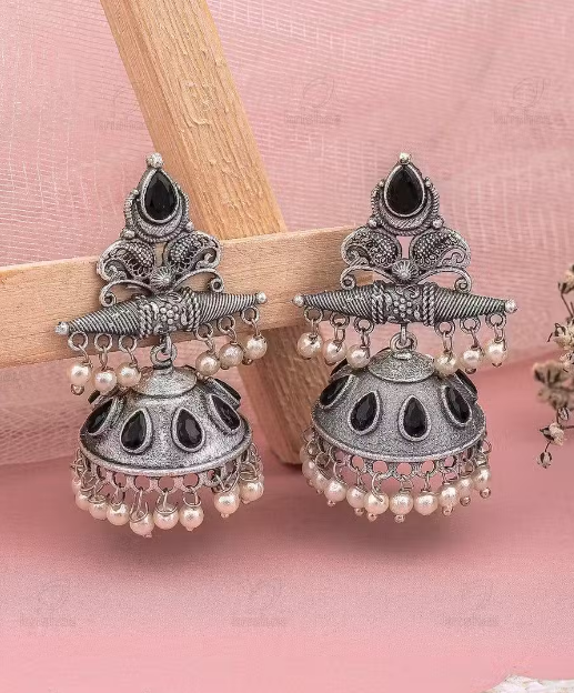 Oxidised Black Stone Jhumka Earrings
