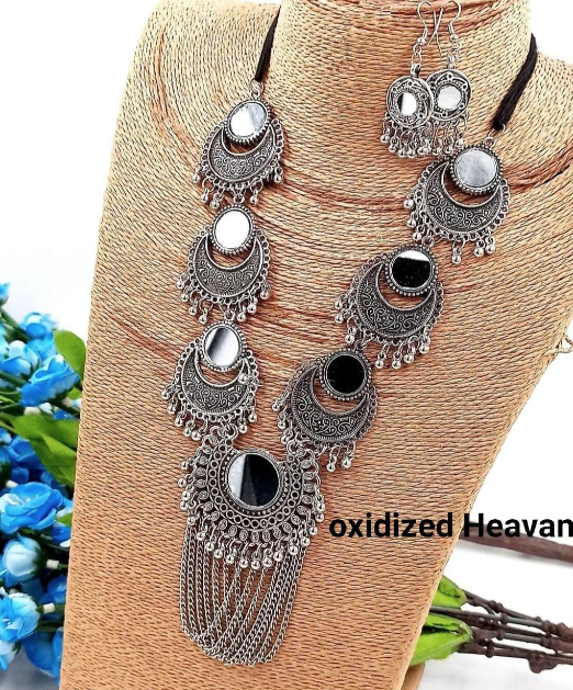 Mirror Long Necklace Set with Earrings