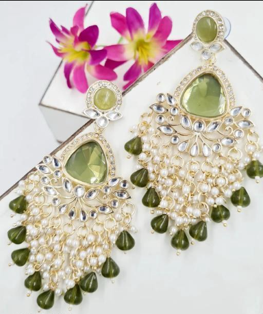 Green Stone Kundan Pearl Drop Earrings