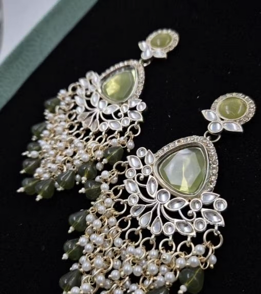 Green Stone Kundan Pearl Drop Earrings