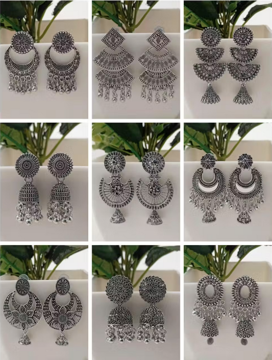 Oxidised Silver Statement Earrings Set of 9
