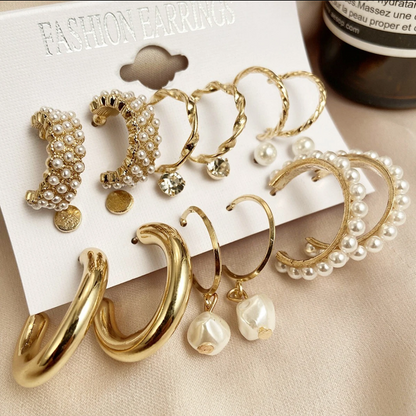 Combo of 9 Pair Pearl & Gold Hoop