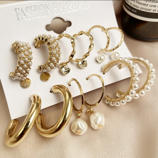 Combo of 9 Pair Pearl & Gold Hoop