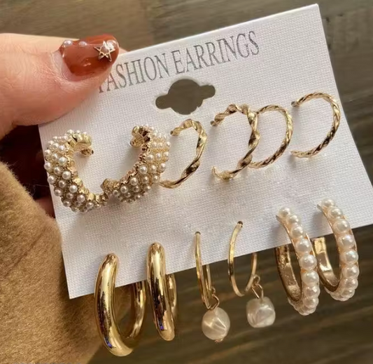 Combo of 9 Pair Pearl & Gold Hoop