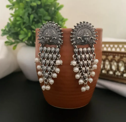 Oxidise Temple Earrings Pearl Drops