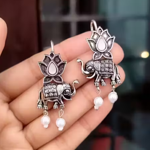 Lotus Elephant Earrings with Pearl