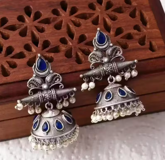 Oxidised Silver Blue Jhumka Earrings