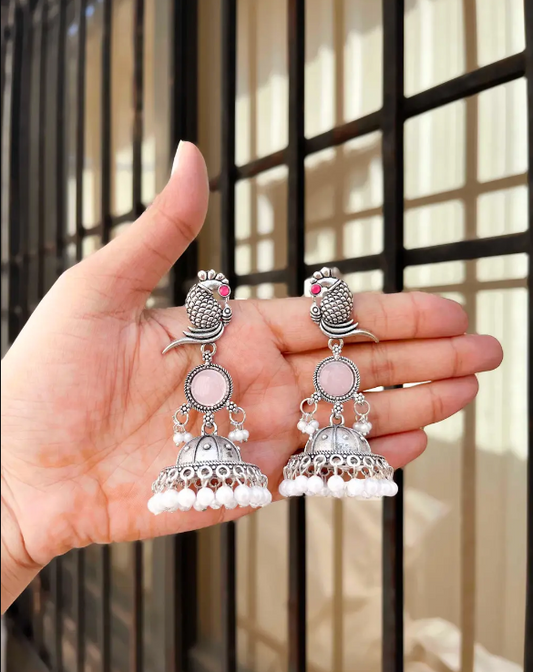 Oxidized Silver Peacock Jhumkas