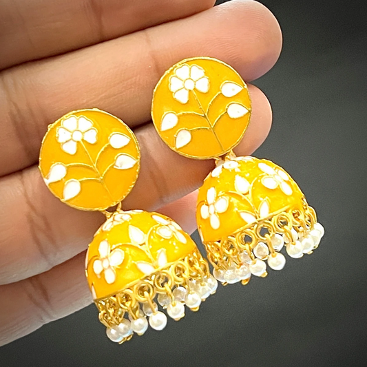 Yellow Enamel White Floral Earrings
