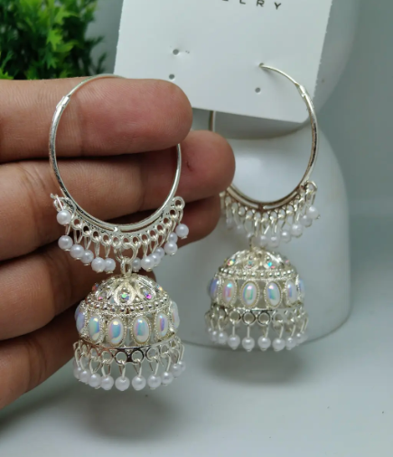 Silver Hoop Jhumka Earrings