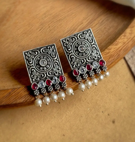Oxidized Silver Square Earrings
