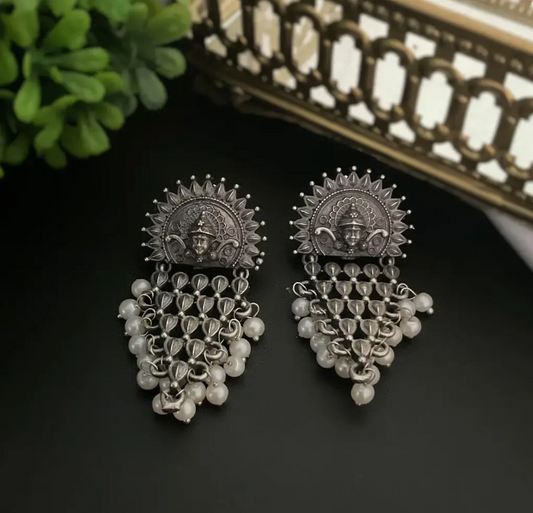 Oxidise Temple Earrings Pearl Drops