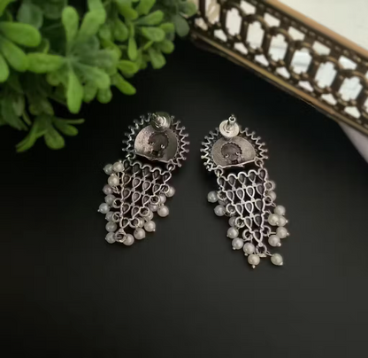 Oxidise Temple Earrings Pearl Drops